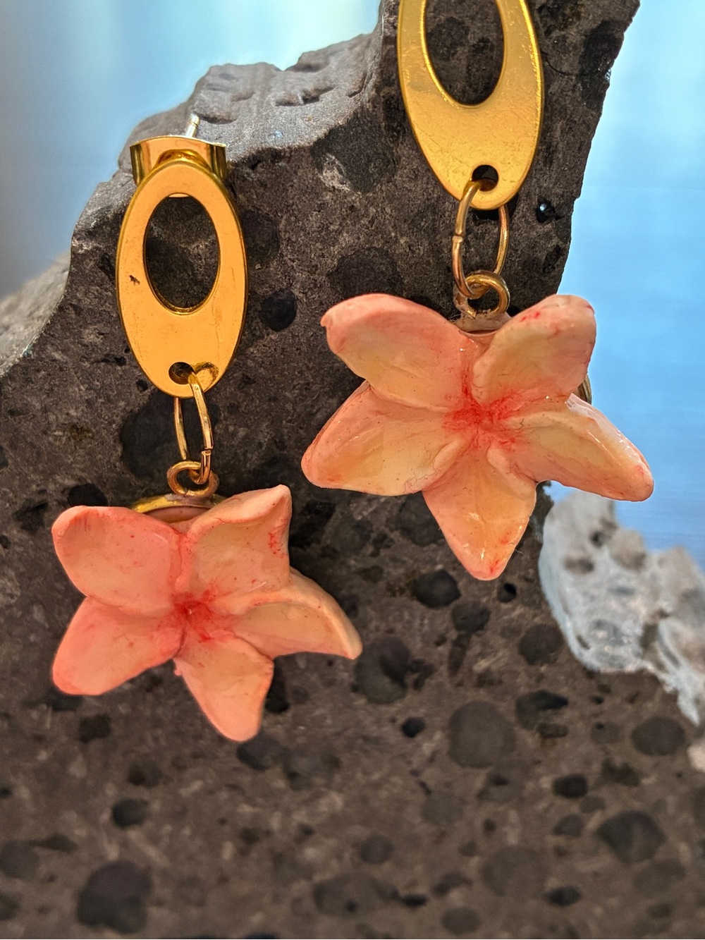 Gold-Plated Earrings with Pink Peach Plumeria Flower Charms